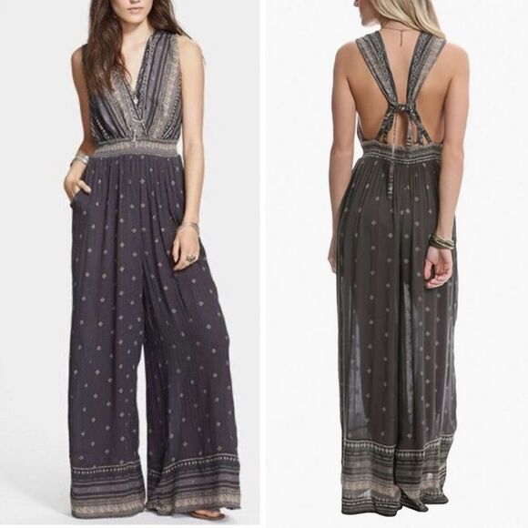 Free People Deep V Boho Jumpsuit Grey $168 S - Picture 1 of 11